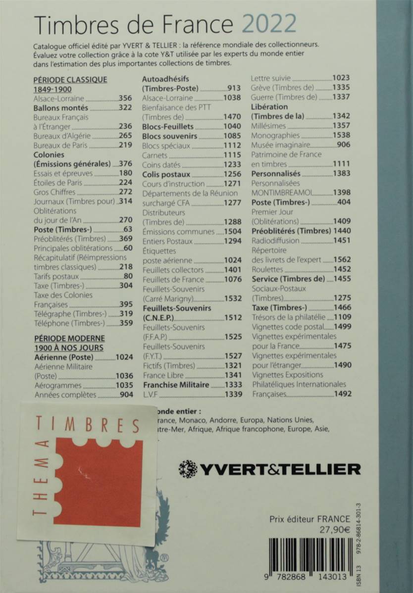 Catalogue de cotation des timbres de France Yvert et Tellier 2022